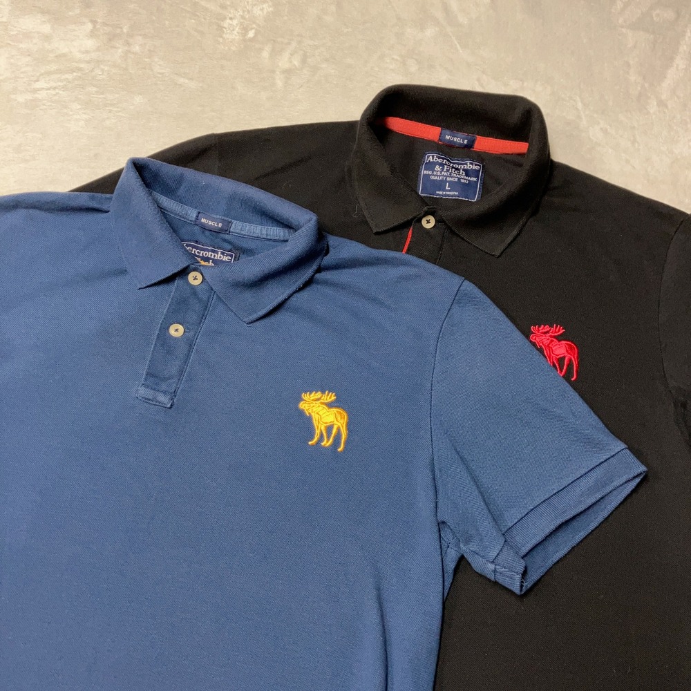 Lot of 2 Y2K Abercrombie & Fitch Polo Shirt Muscle Fit Moose Black VTG Men Large